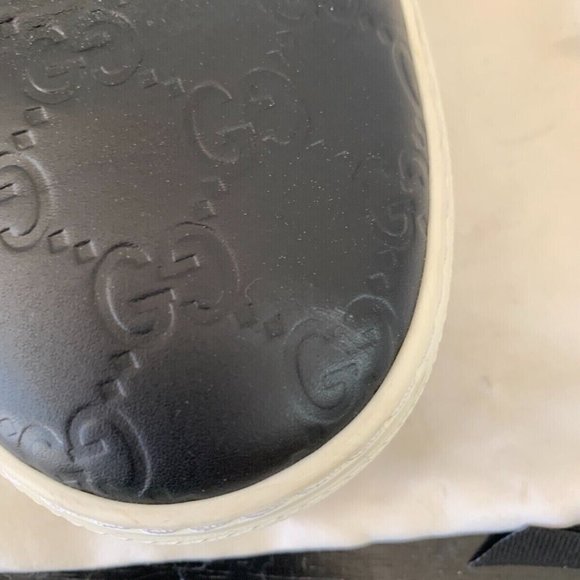 *GUCCI BLACK LEATHER EMBOSSED LOGO SLIP ON SNEAKERS SZ 8.5 MADE IN ITALY #407364 - Picture 9 of 16
